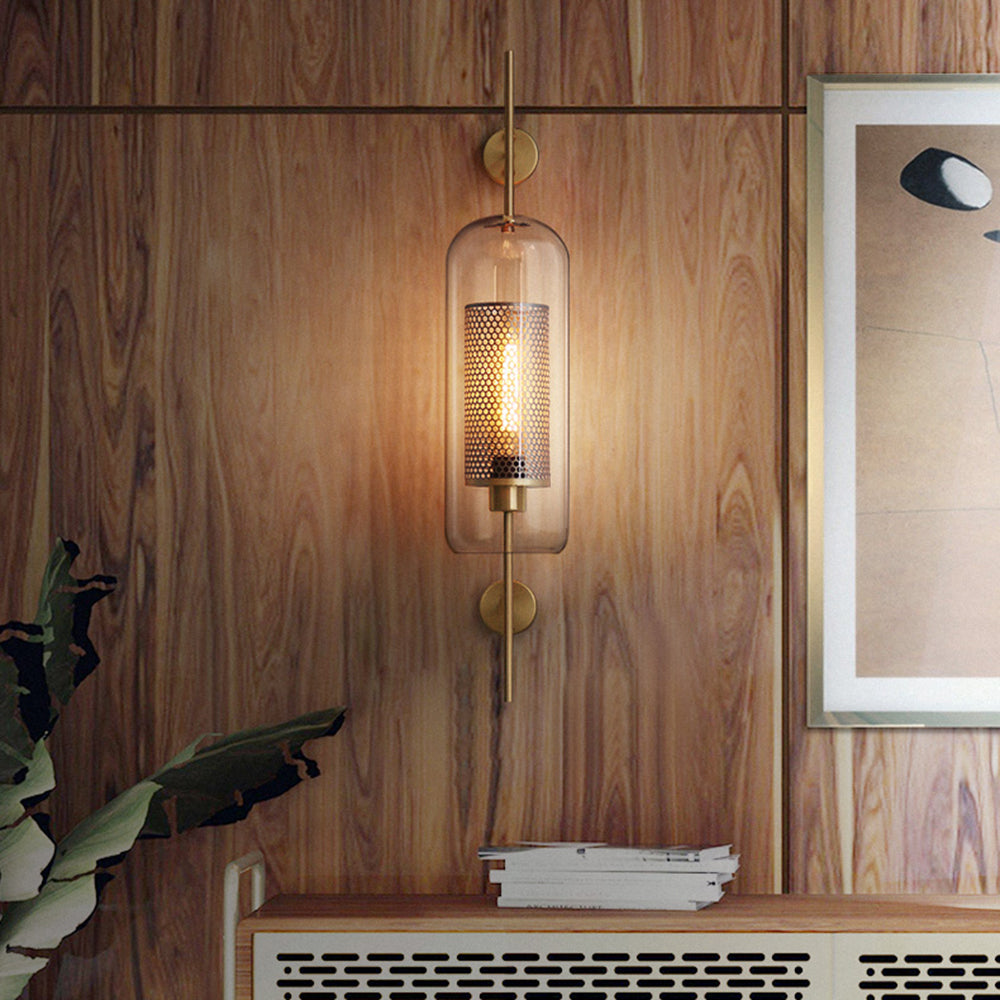Atria: Aplique de Pared Geométrico Industrial de Metal y Vidrio – Cobre/Plateado