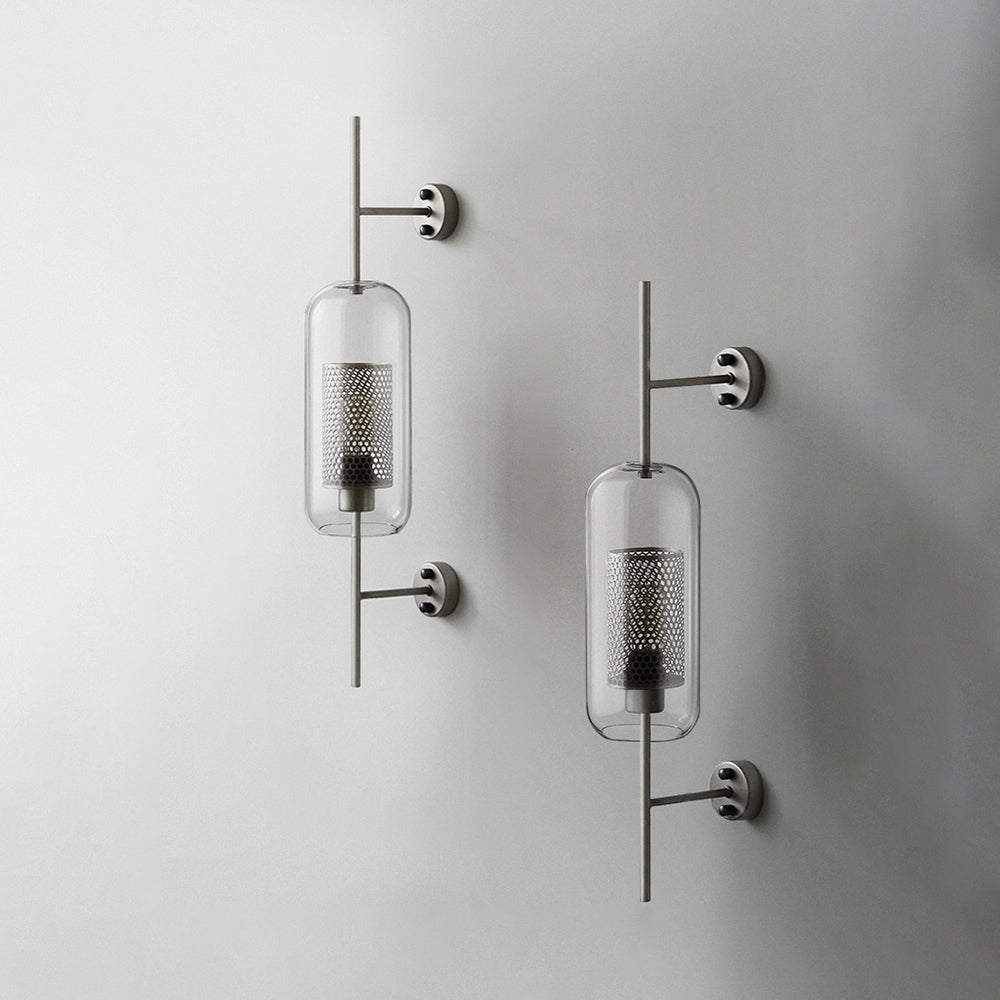 Atria: Aplique de Pared Geométrico Industrial de Metal y Vidrio – Cobre/Plateado