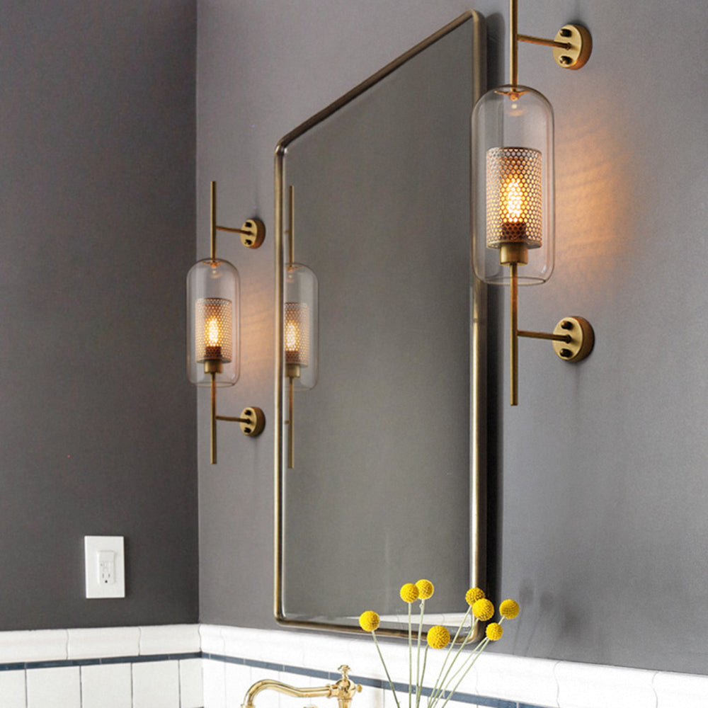 Atria: Aplique de Pared Geométrico Industrial de Metal y Vidrio – Cobre/Plateado