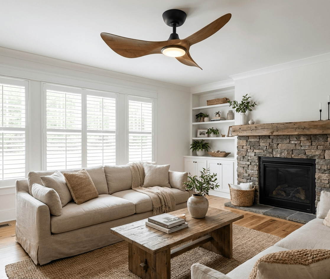 Ventilador de techo con luz Halcona en un salón de diseño orgánico – imagen 4
