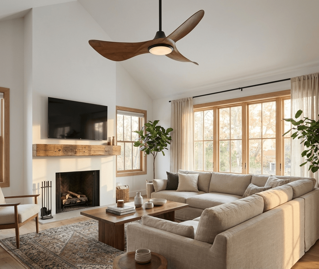 Ventilador de techo con luz Halcona en un salón de diseño orgánico – imagen 2