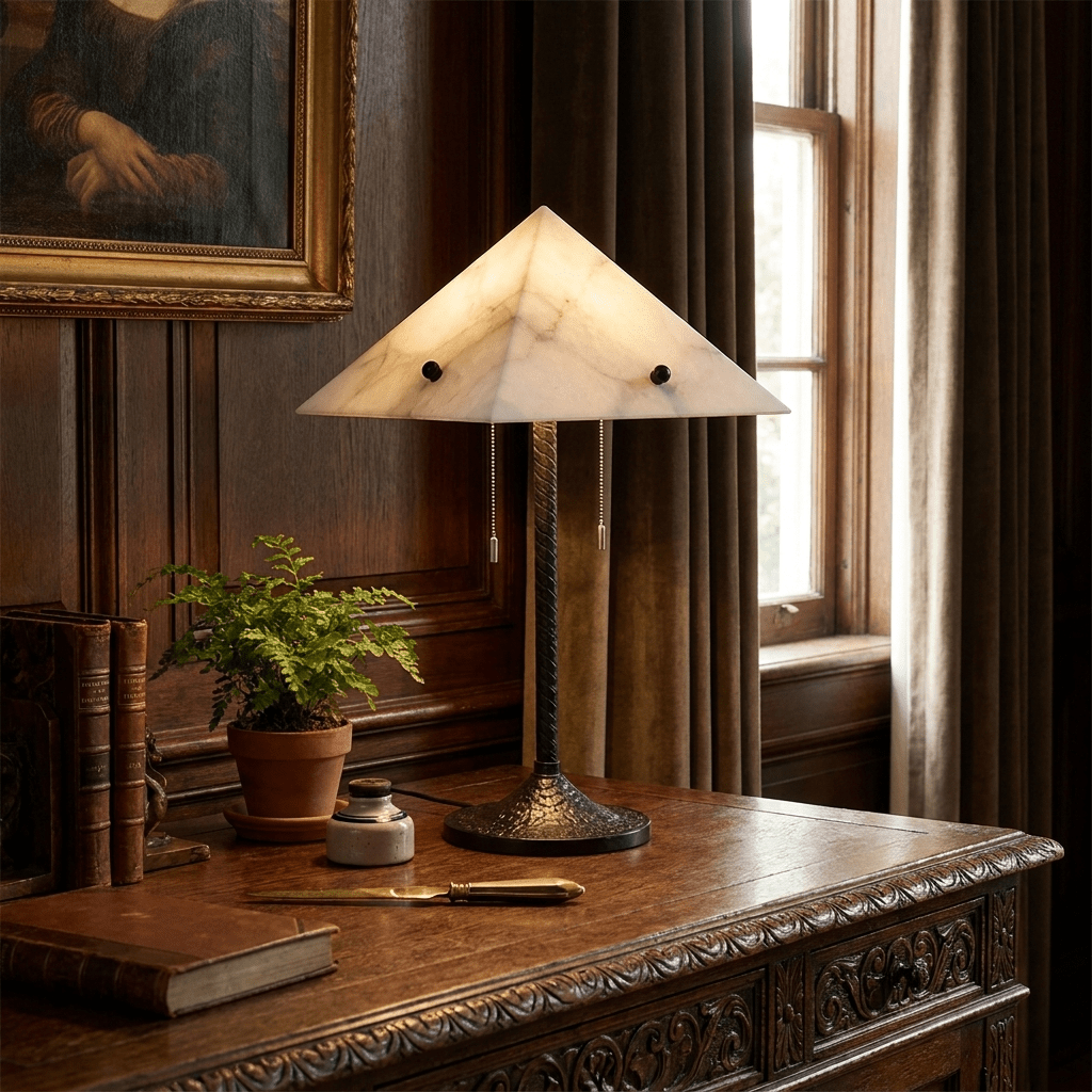 Ipira - Lámpara de Mesa con Pantalla de Alabastro y Pie de Metal