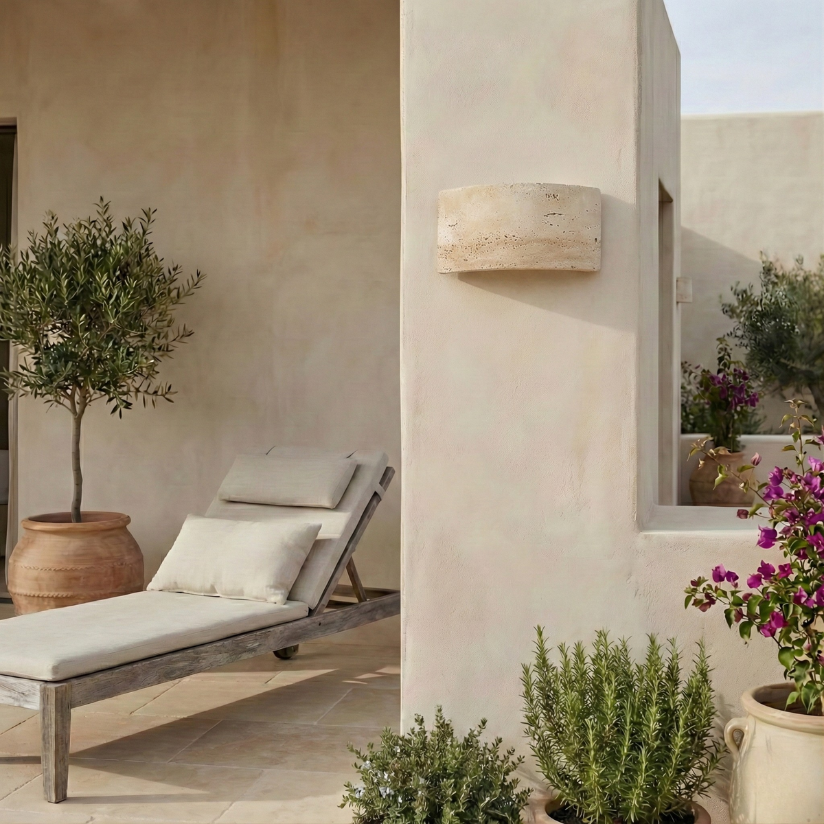 Aplique de pared exterior Xaroca de piedra natural – en una terraza soleada