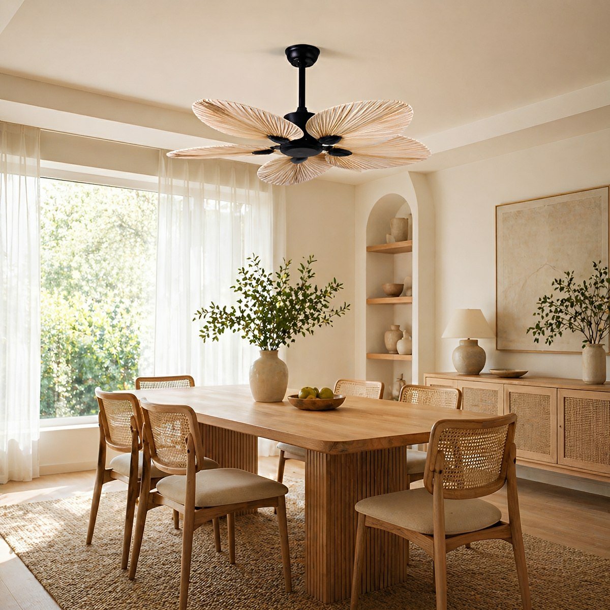Ventilador de techo con luz Arecia en un rincón de estilo tropical – imagen 5
