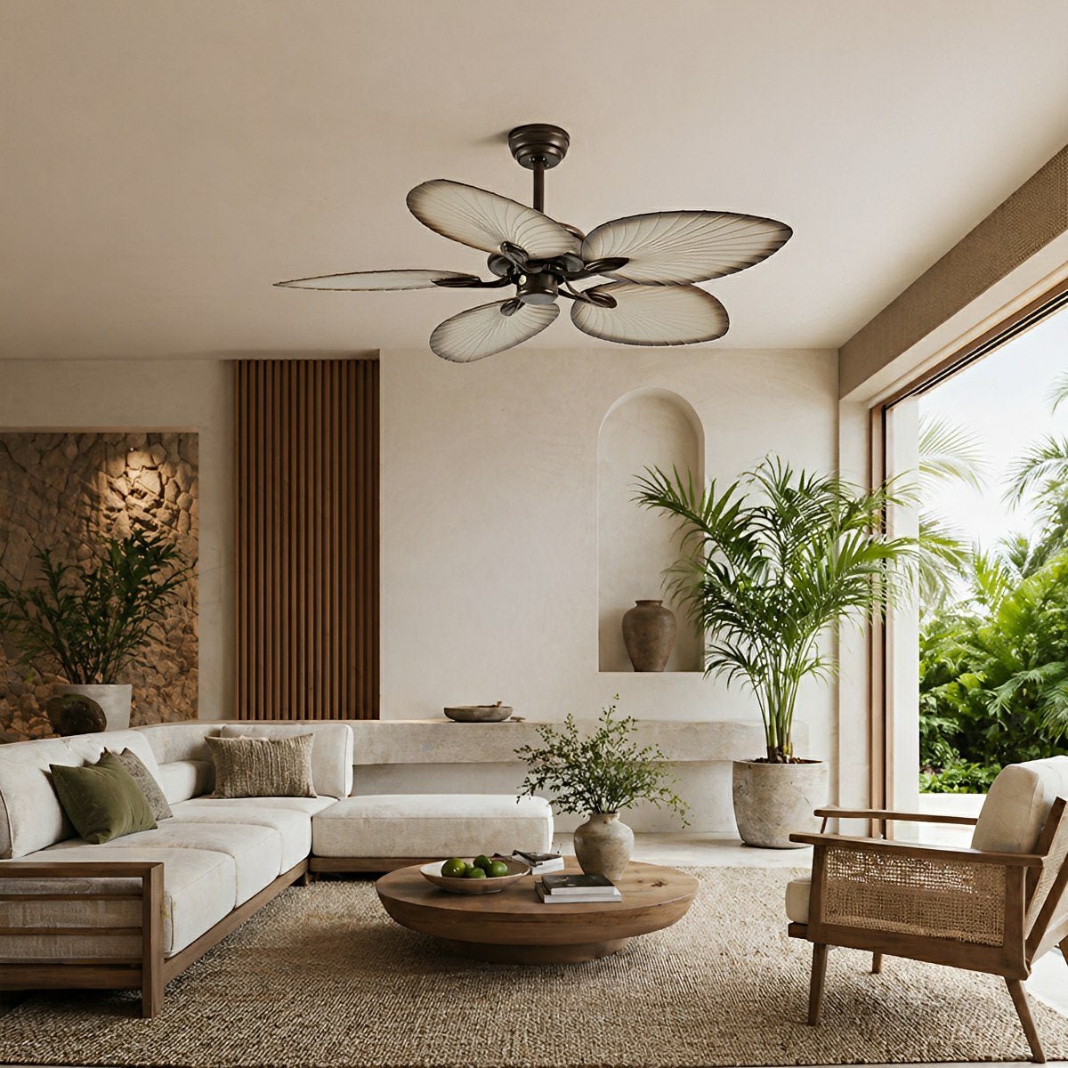 Ventilador de techo con luz Arecia en un rincón de estilo tropical – imagen 2
