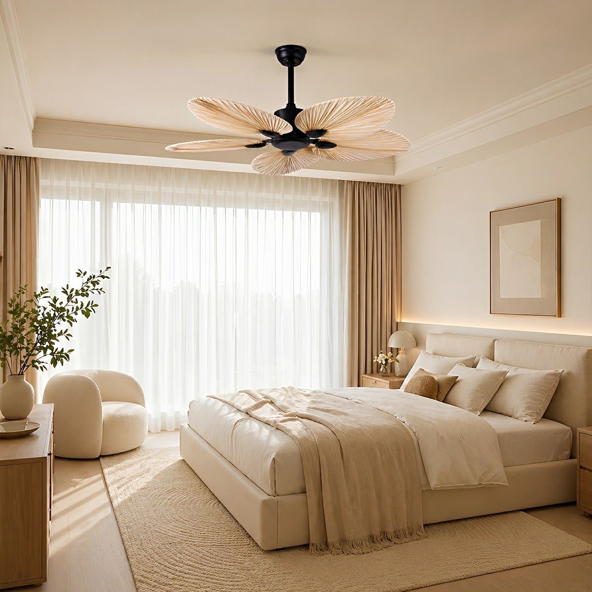 Ventilador de techo con luz Arecia en un rincón de estilo tropical – imagen 6