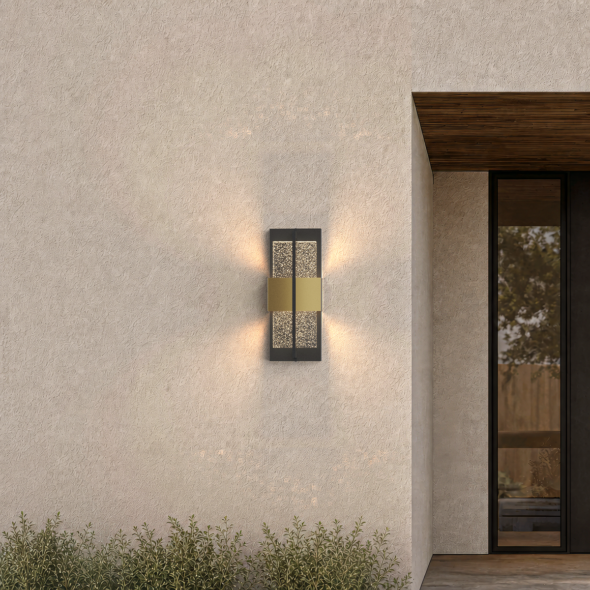 Aplique de pared exterior LED Zestrela – tamaño de 40 cm encendido junto a la entrada