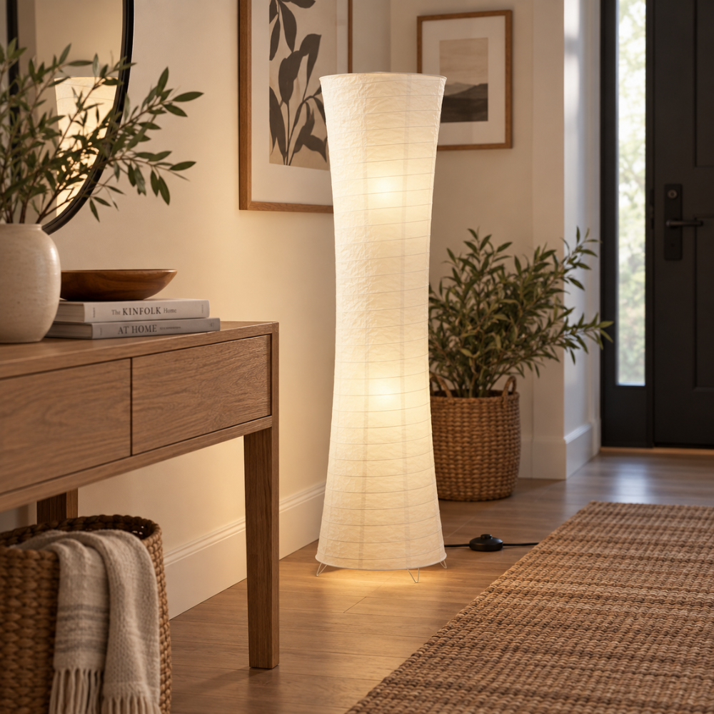 Lámpara de pie de papel de arroz Sumelia en un salón de estilo japandi – imagen 2