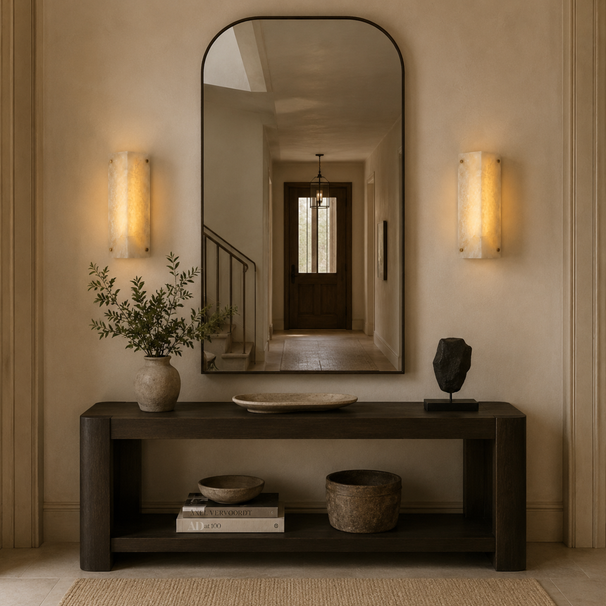 Aplique de pared Yesmira de mármol natural – pareja de apliques sencillos junto a un espejo