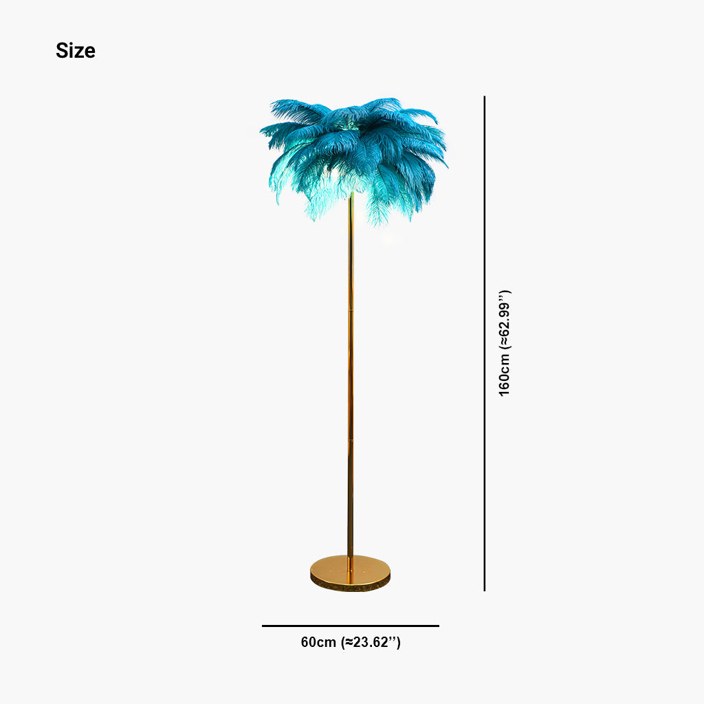 Lámpara de pie de plumas Truzela – medidas 60 cm de diámetro y 160 cm de alto