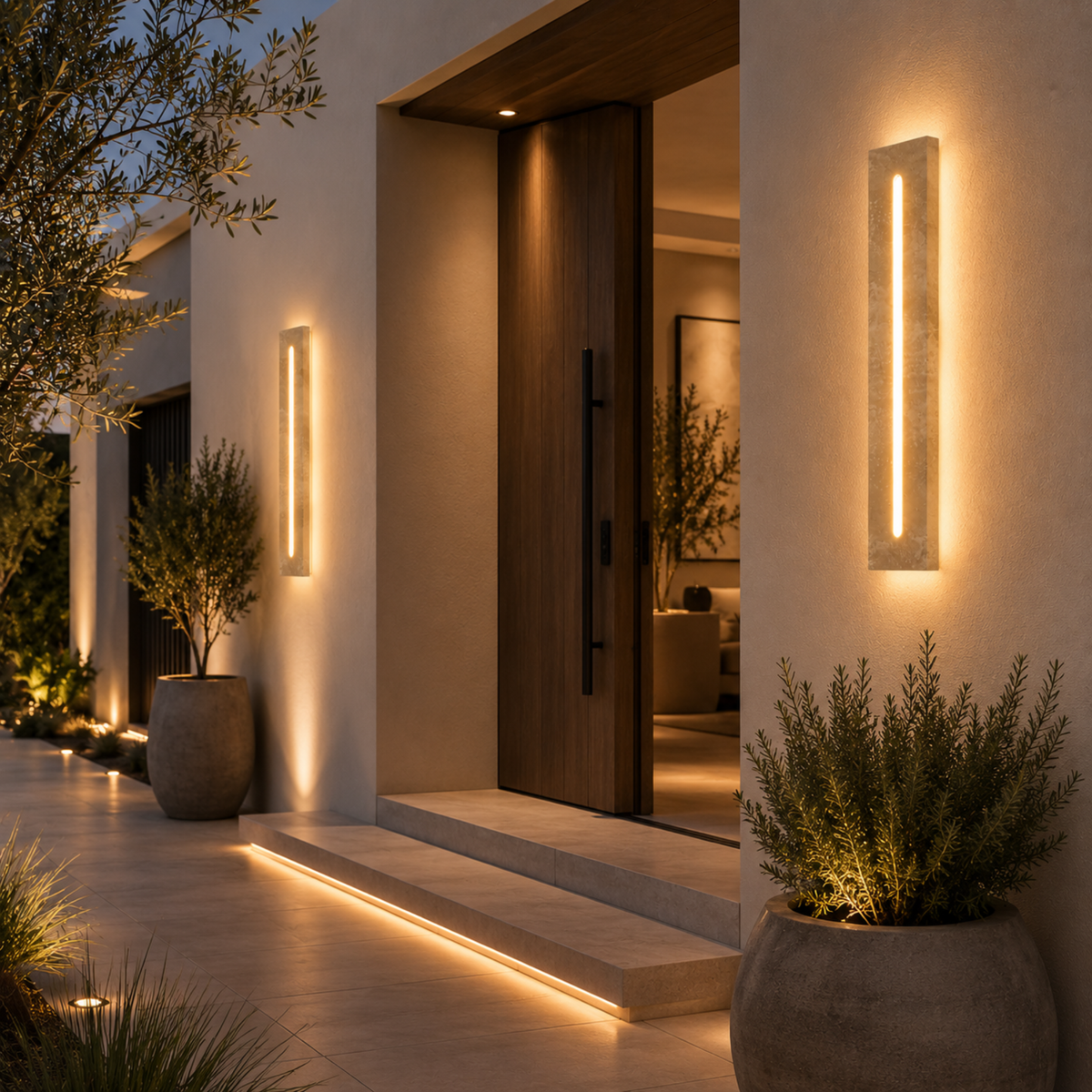 Aplique de pared exterior Urcalia de travertino – flanqueando la puerta de entrada