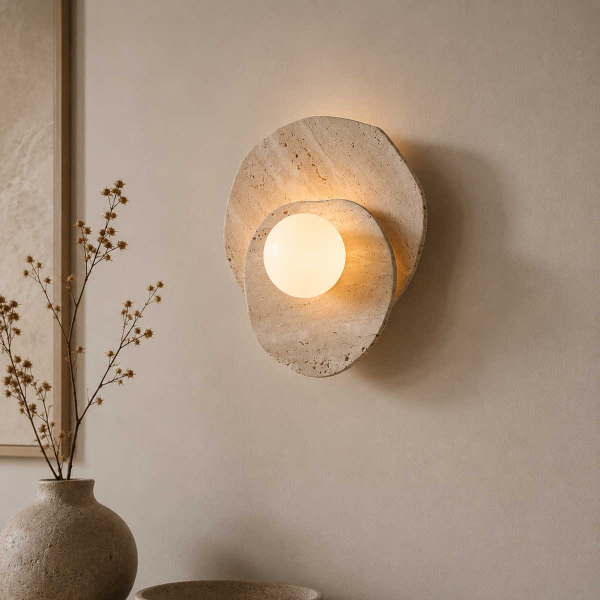 Aplique de pared de travertino Valuna – encendido con luz cálida