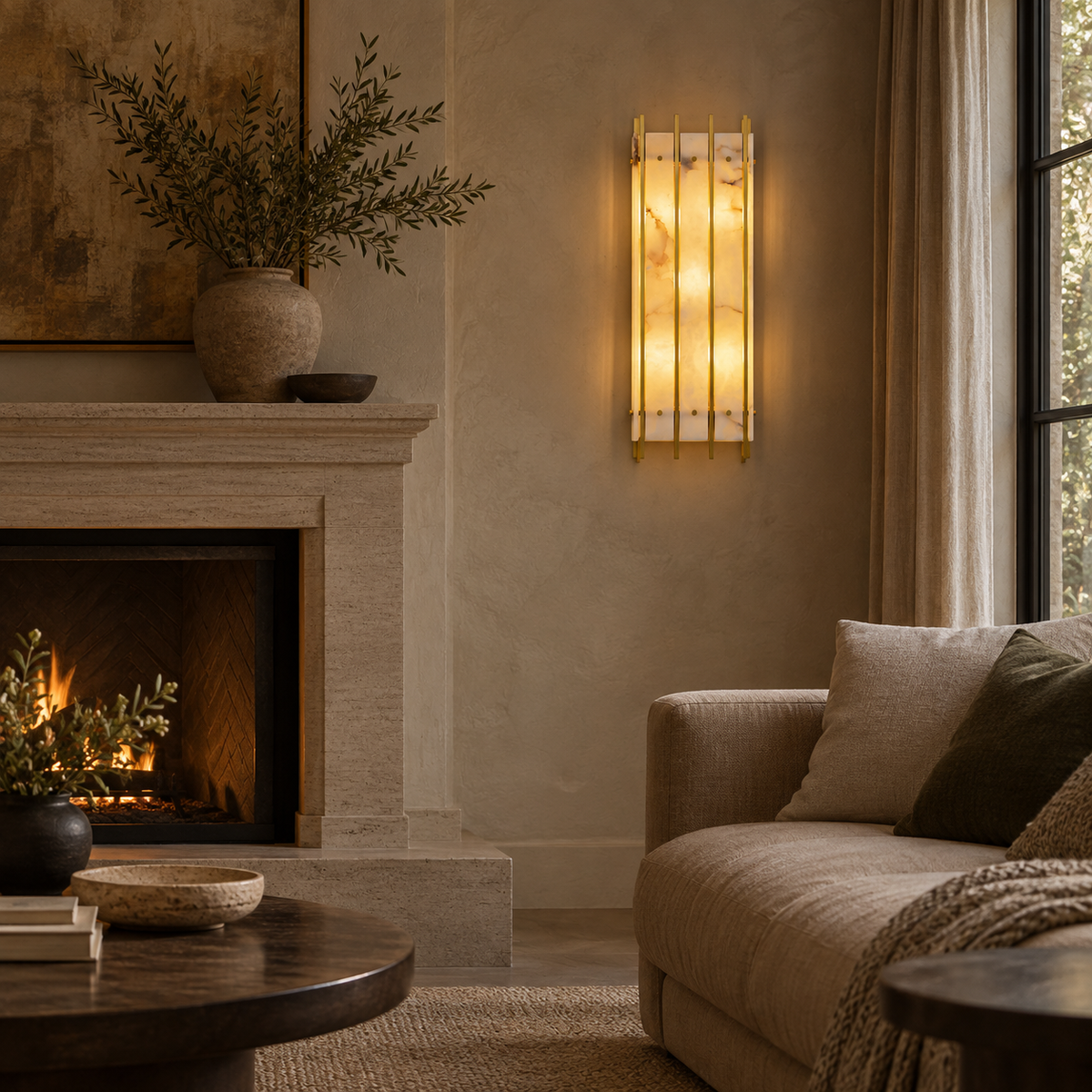 Aplique de pared de mármol natural Wemara – junto a una chimenea