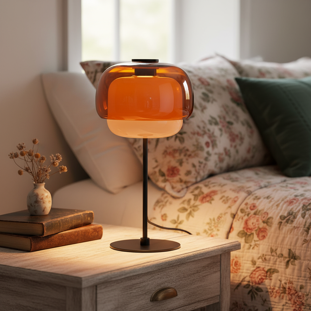 Lámpara de mesa de cristal de color Tinova – naranja sobre una mesilla de noche