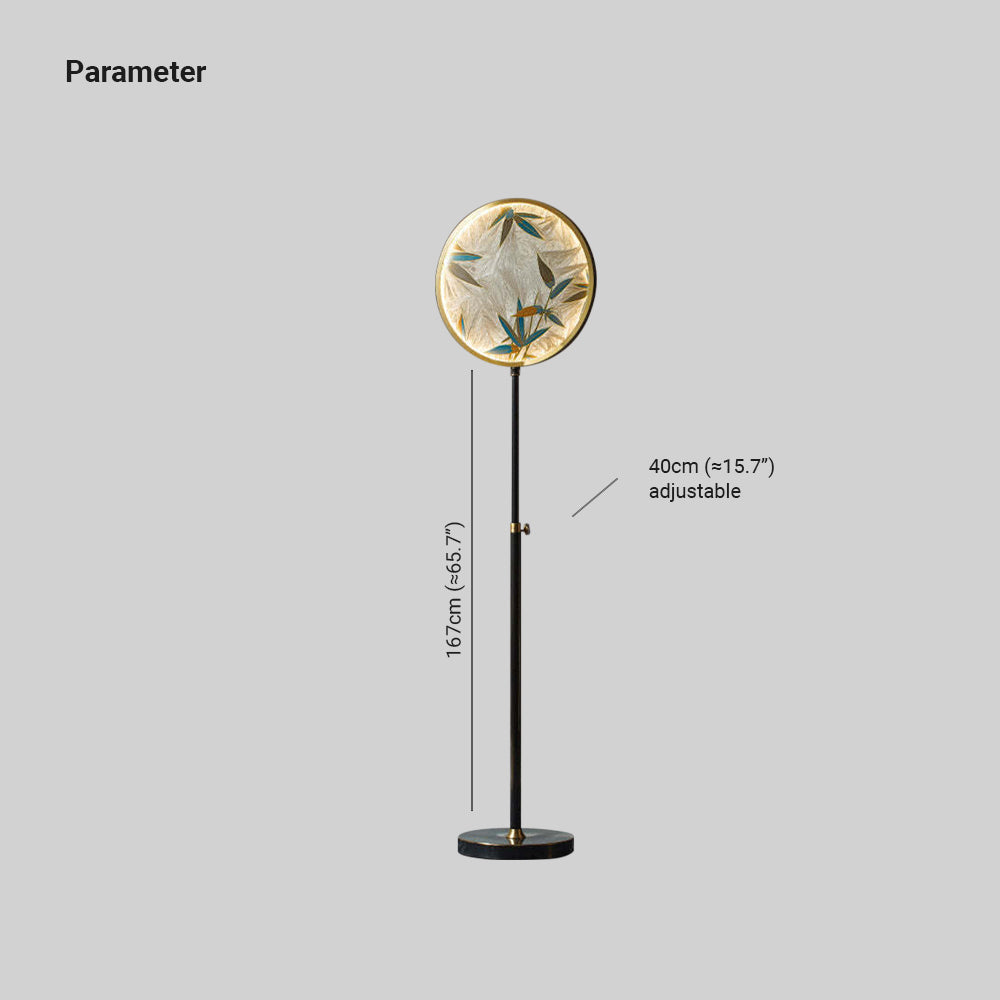Lámpara de pie con disco de vidrio Zenavi – esquema con altura de 167 cm y 40 cm regulables