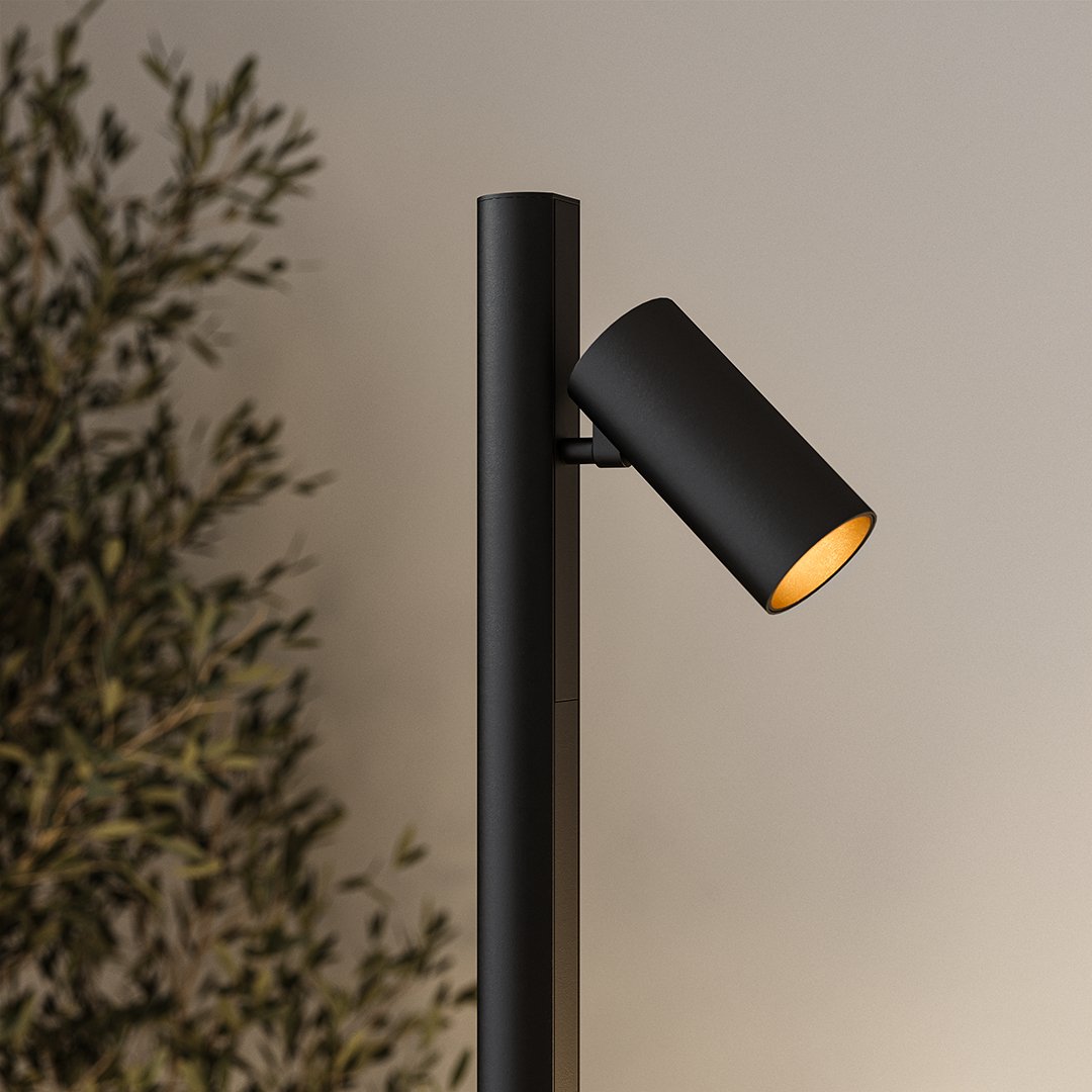 Lámpara de pie LED con focos magnéticos Rielta – detalle de un foco negro orientable