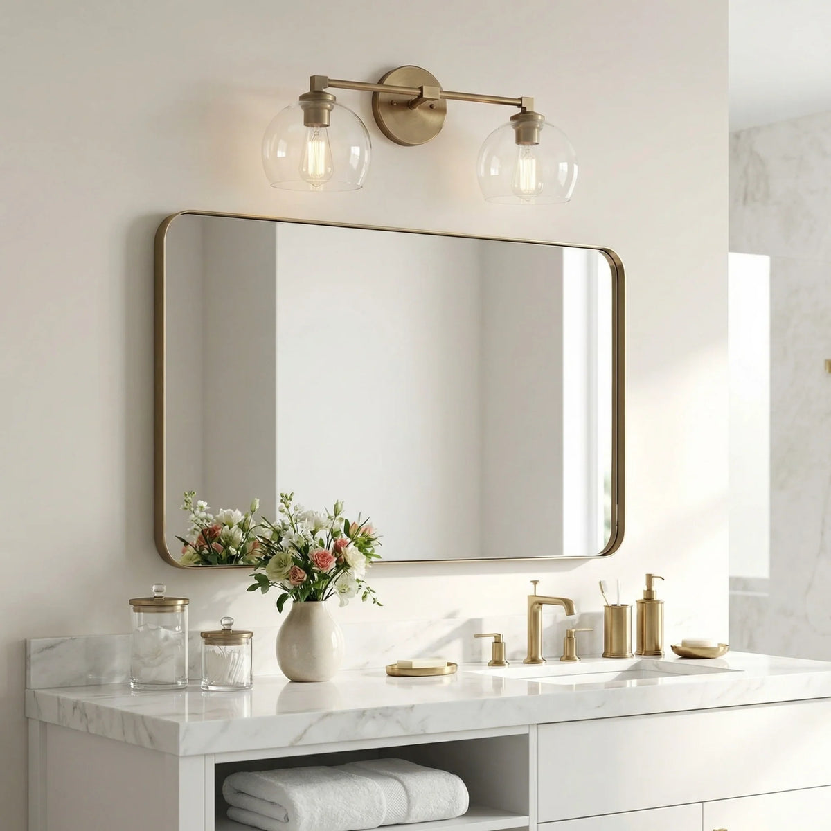 Aplique de pared con globos de cristal Valdina en un baño luminoso – imagen 17