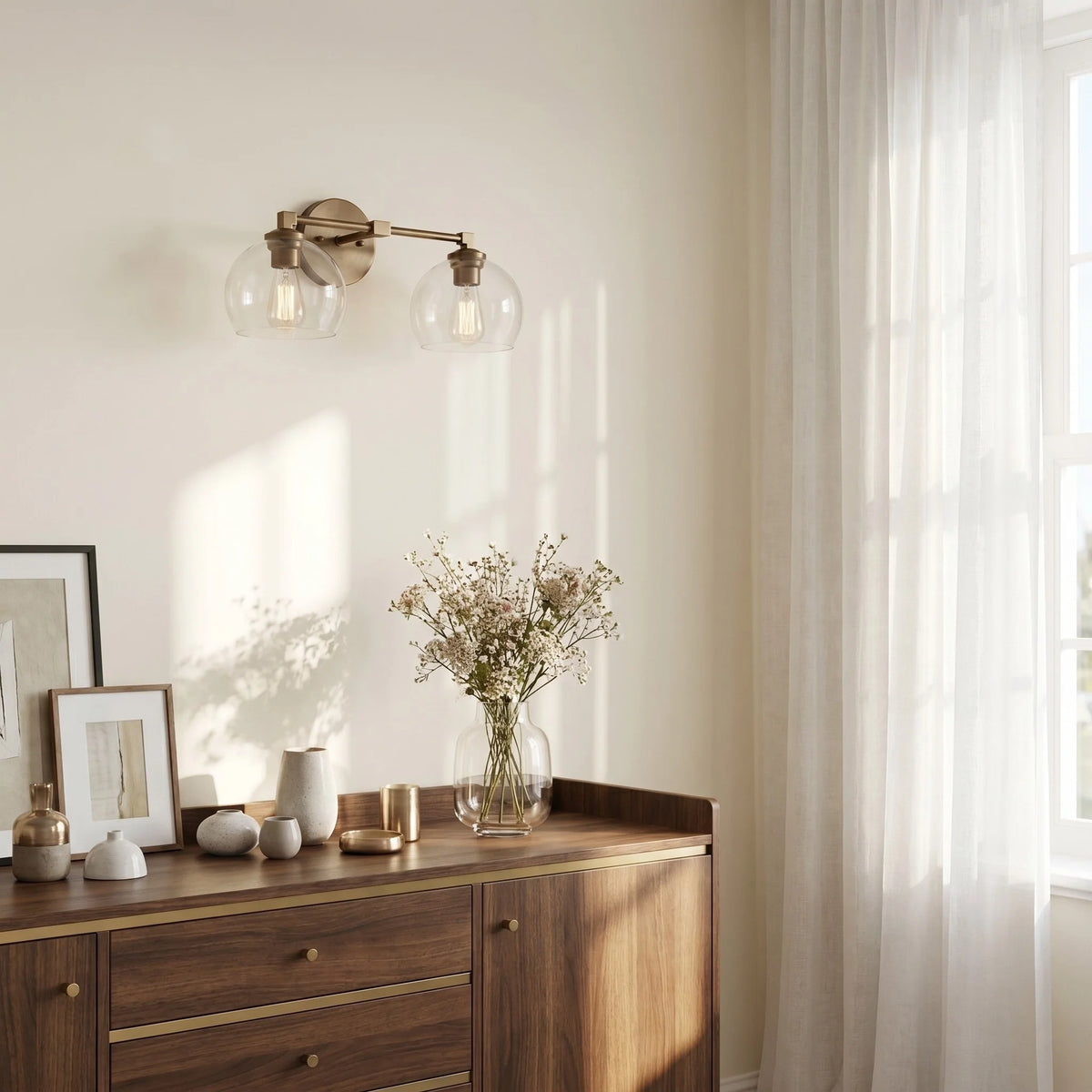 Aplique de pared con globos de cristal Valdina en un baño luminoso – imagen 21