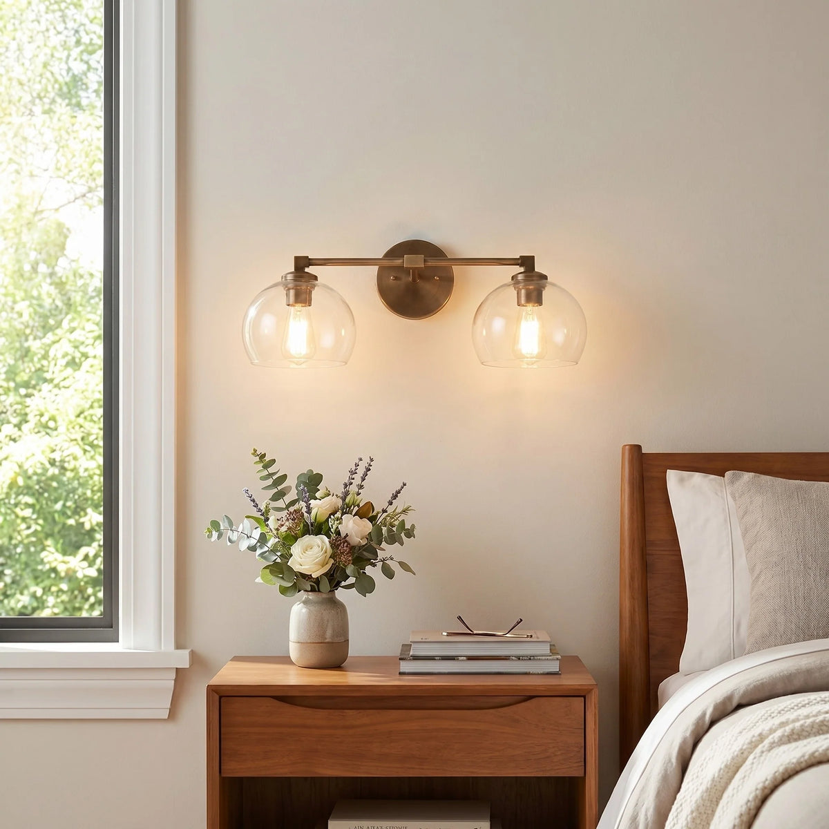 Aplique de pared con globos de cristal Valdina en un baño luminoso – imagen 19