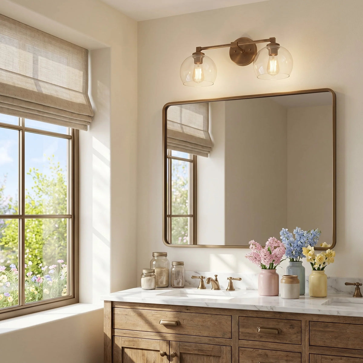 Aplique de pared con globos de cristal Valdina en un baño luminoso – imagen 15