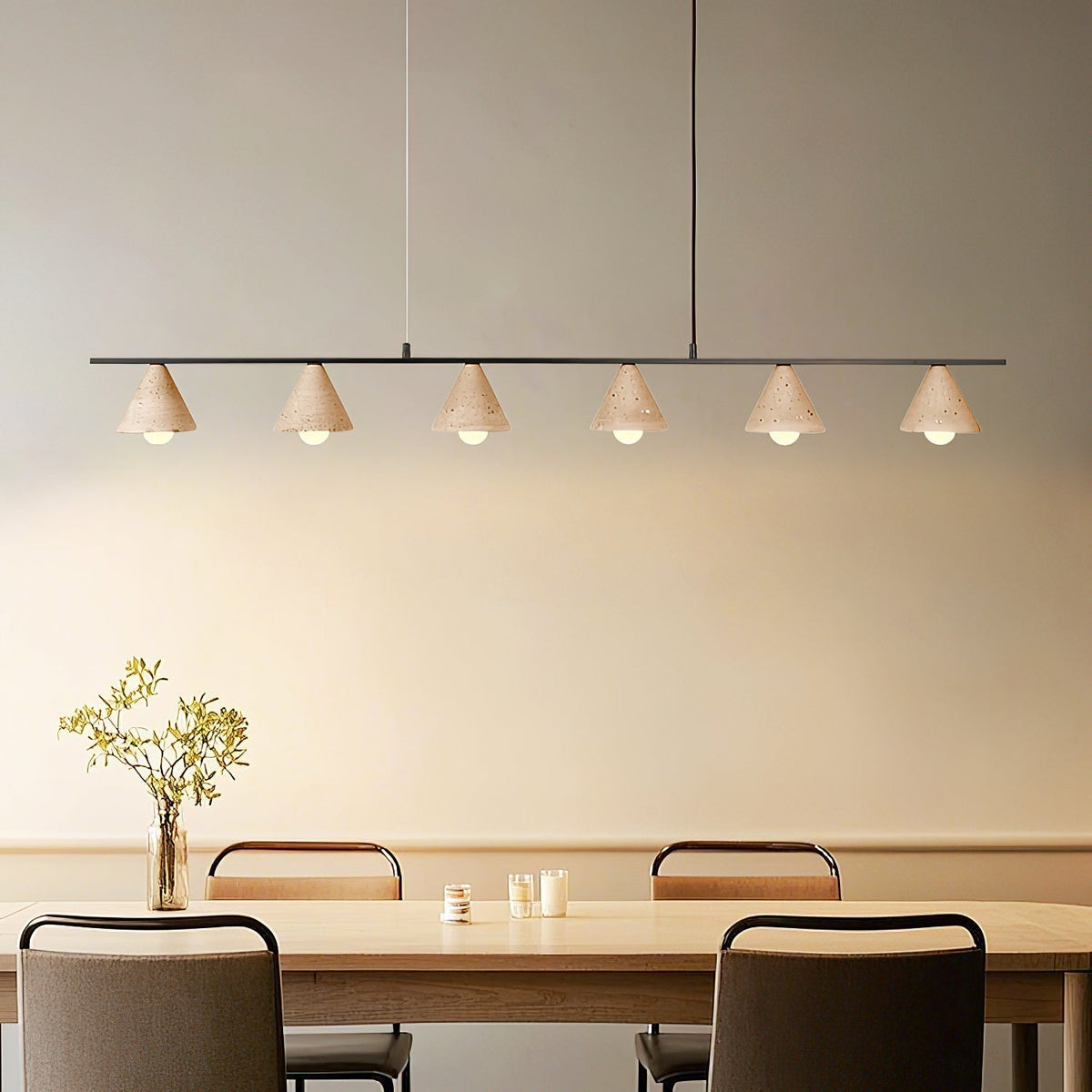 Brezola - Lámpara Colgante Lineal de 6 Luces con Conos de Travertino