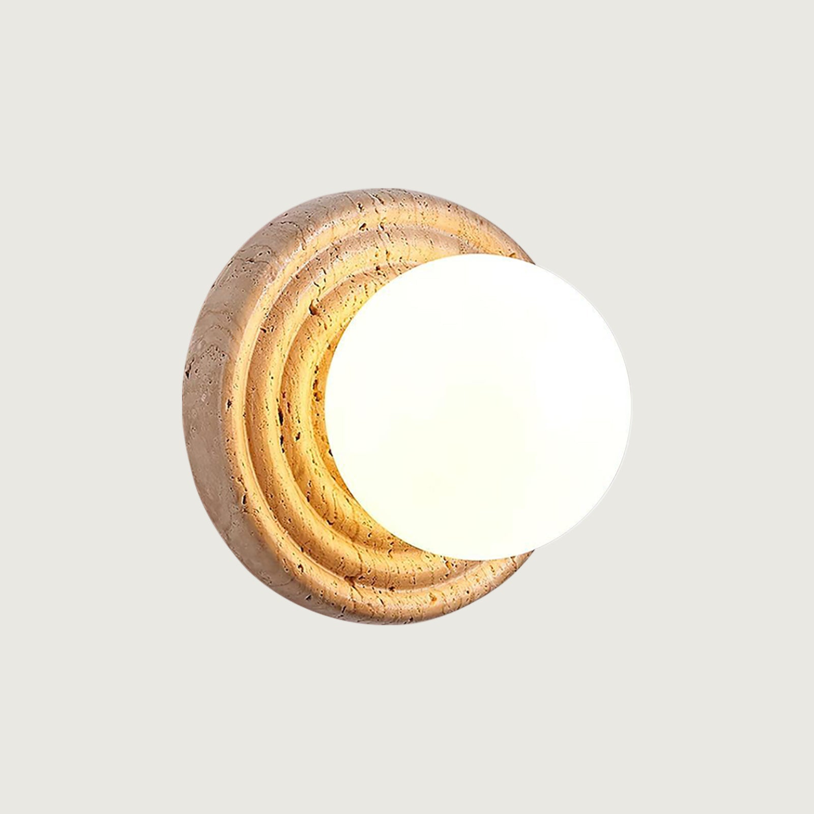 Aplique de Pared Minimalista Redondo de Travertino con Esfera de Vidrio Opalino 1