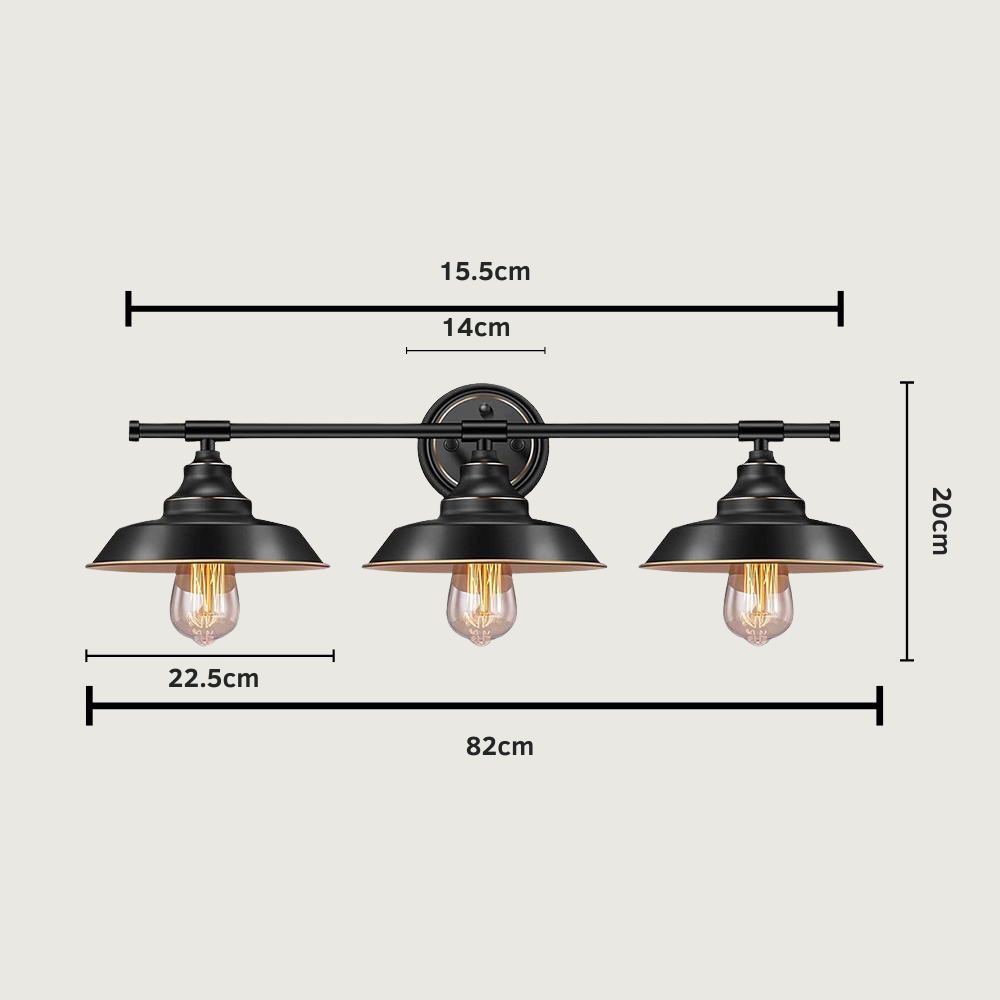 Glimen - Aplique de Pared Rústico Vintage de 3 Luces en Negro Mate - Ideal para Baño y Dormitorio