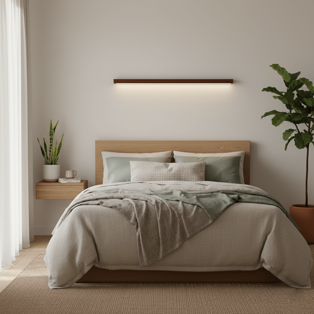 Aplique de pared lineal de madera Abetia sobre un espejo de baño – imagen 19