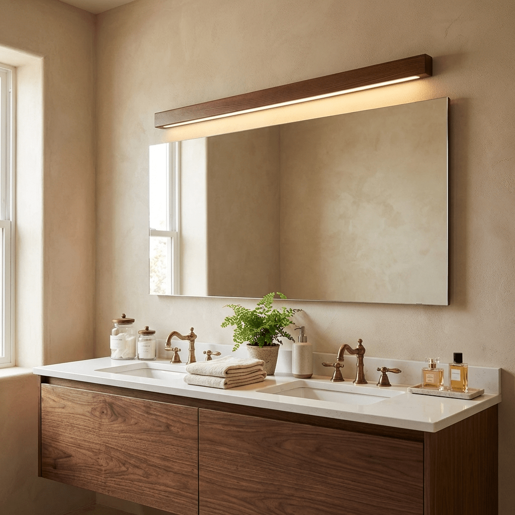 Aplique de pared lineal de madera Abetia sobre un espejo de baño – imagen 8