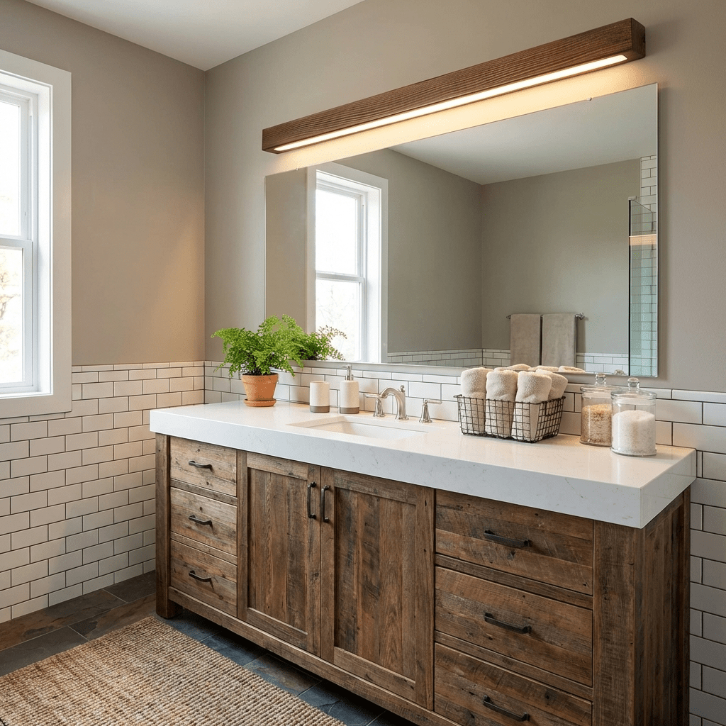 Aplique de pared lineal de madera Abetia sobre un espejo de baño – imagen 7