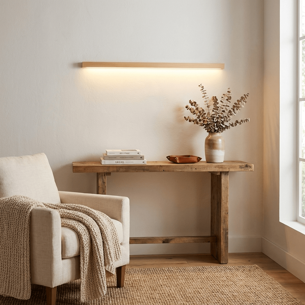 Aplique de pared lineal de madera Abetia sobre un espejo de baño – imagen 15