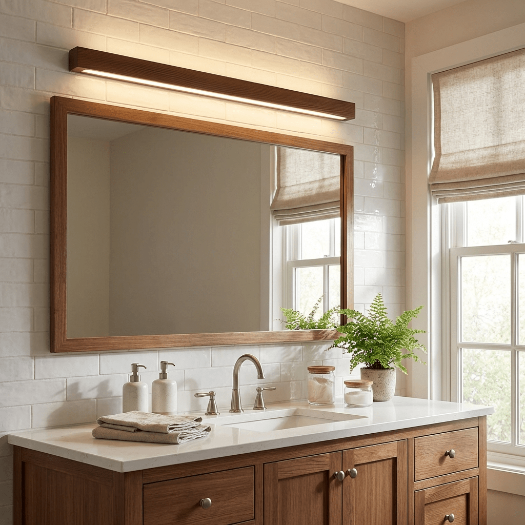 Aplique de pared lineal de madera Abetia sobre un espejo de baño – imagen 5