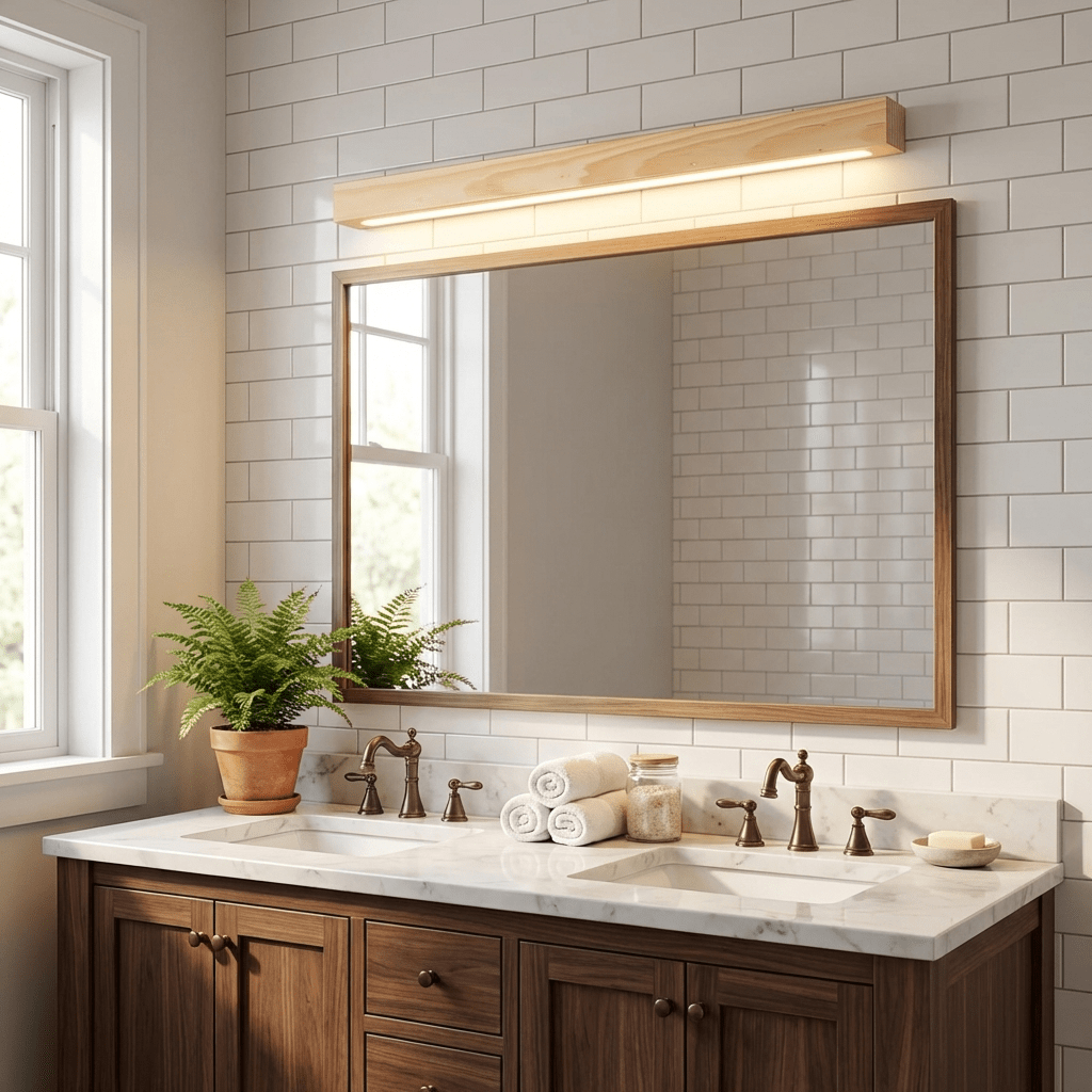 Aplique de pared lineal de madera Abetia sobre un espejo de baño – imagen 6