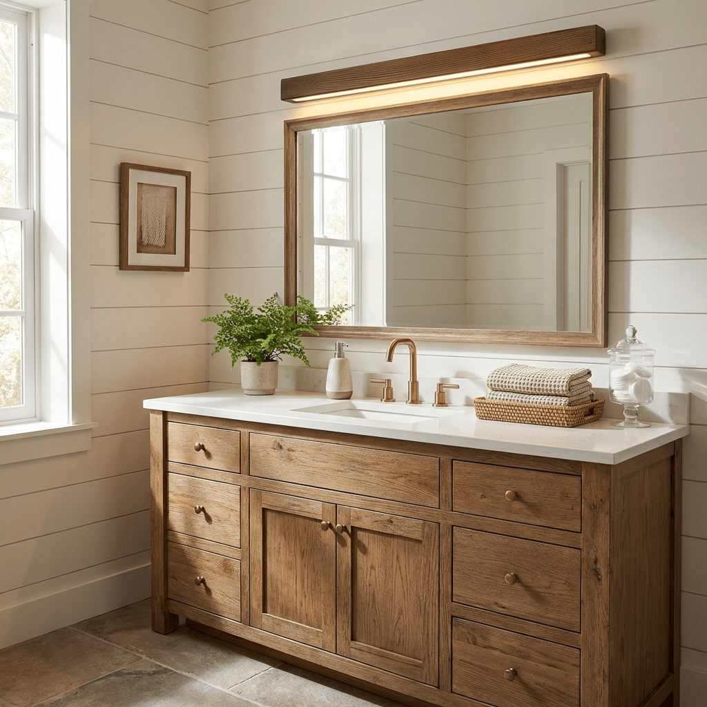 Aplique de pared lineal de madera Abetia sobre un espejo de baño – imagen 2