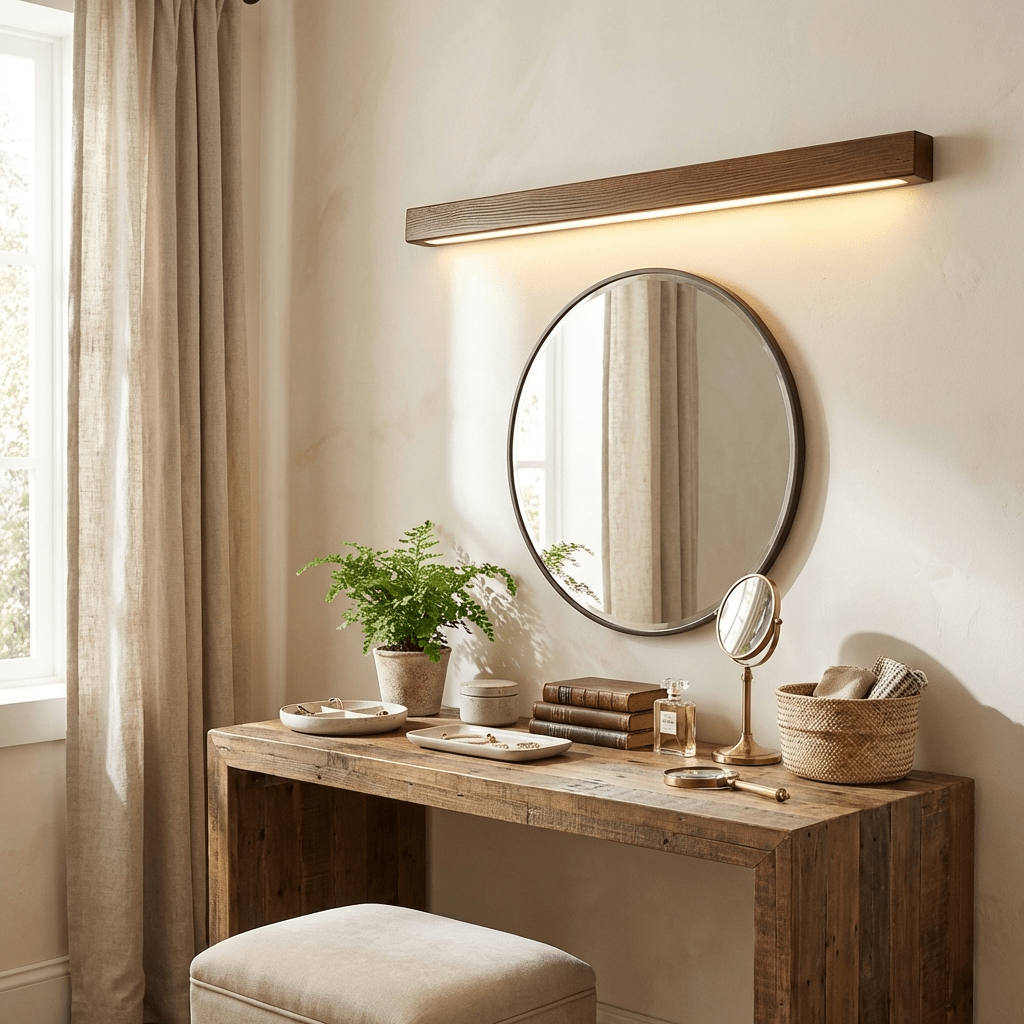 Aplique de pared lineal de madera Abetia sobre un espejo de baño – imagen 13
