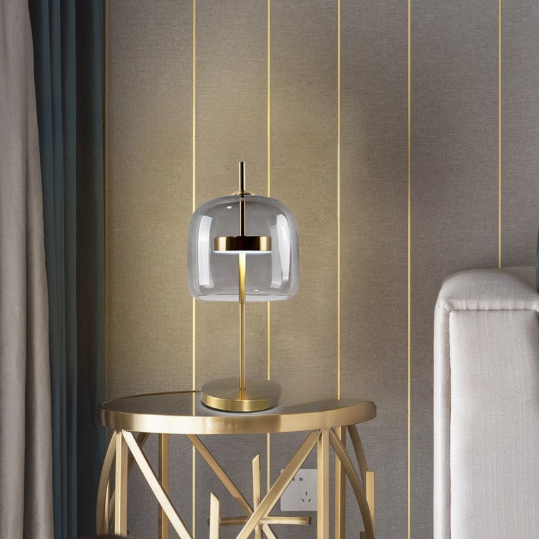 NebulaLuz - Lámpara de Mesa de Vidrio Ahumado Elegante Ámbar Gris Ahumado Oro