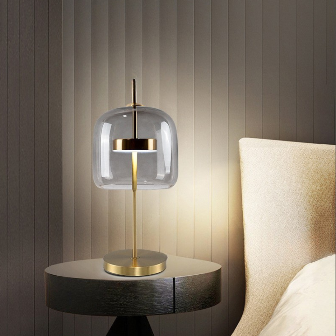 NebulaLuz - Lámpara de Mesa de Vidrio Ahumado Elegante Ámbar Gris Ahumado Oro