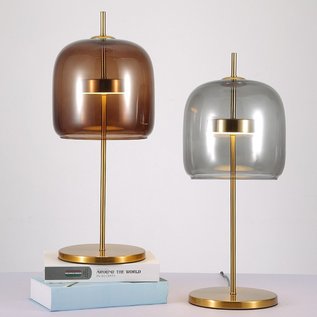 NebulaLuz - Lámpara de Mesa de Vidrio Ahumado Elegante Ámbar Gris Ahumado Oro