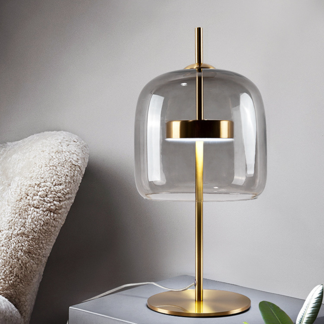 NebulaLuz - Lámpara de Mesa de Vidrio Ahumado Elegante Ámbar Gris Ahumado Oro