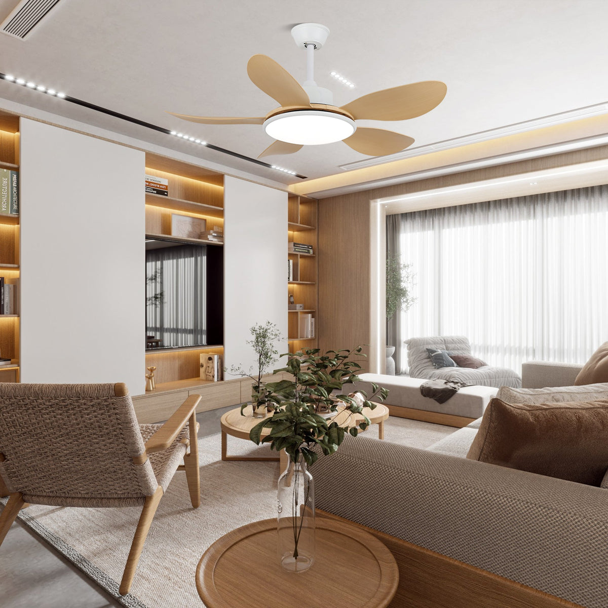 Ventilador de techo con luz Calmira en un salón contemporáneo – imagen 3