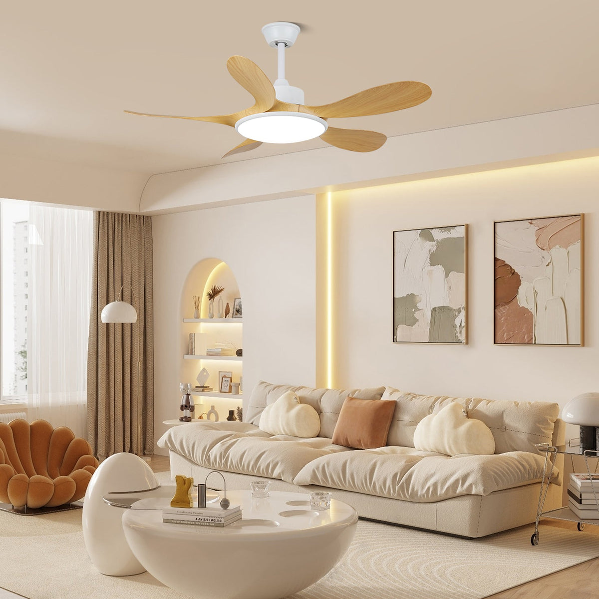Ventilador de techo con luz Calmira en un salón contemporáneo – imagen 6