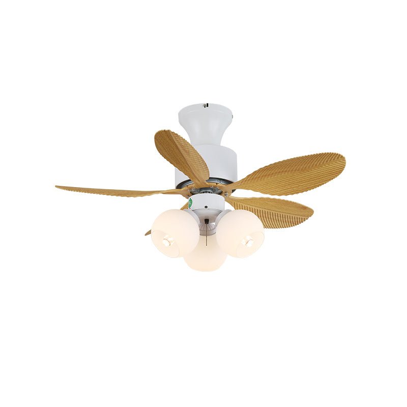 Ventilador de techo con luz Malvisca – aspas hoja de madera, globos blancos