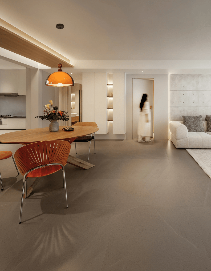 Lámpara colgante ámbar y madera Dorela sobre una mesa de comedor – imagen 6