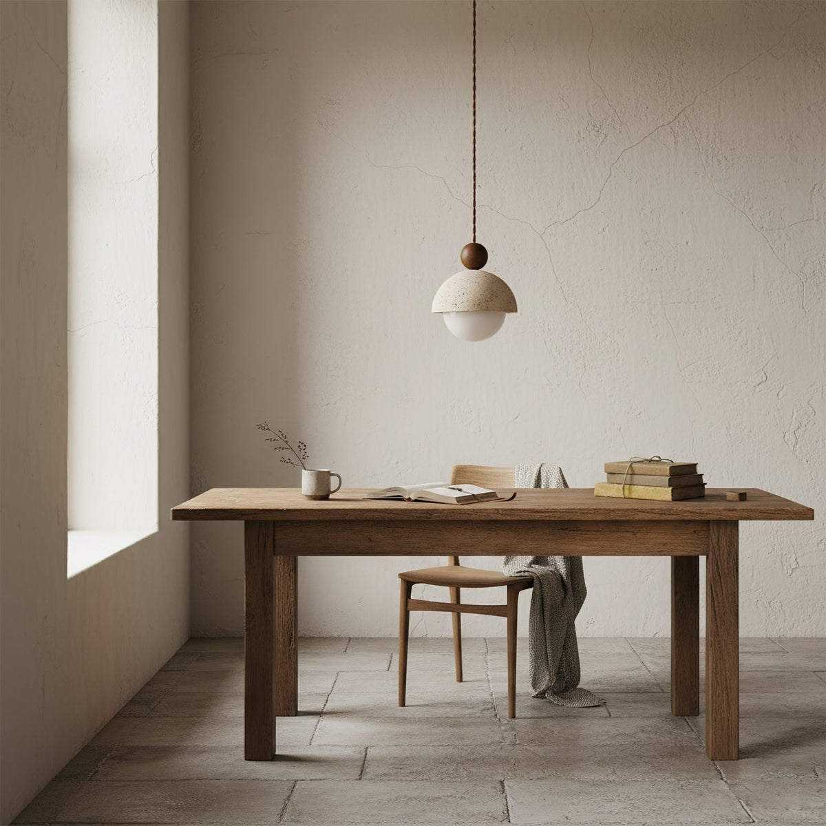 Lámpara colgante de travertino Roquela sobre una mesa de comedor – imagen 12