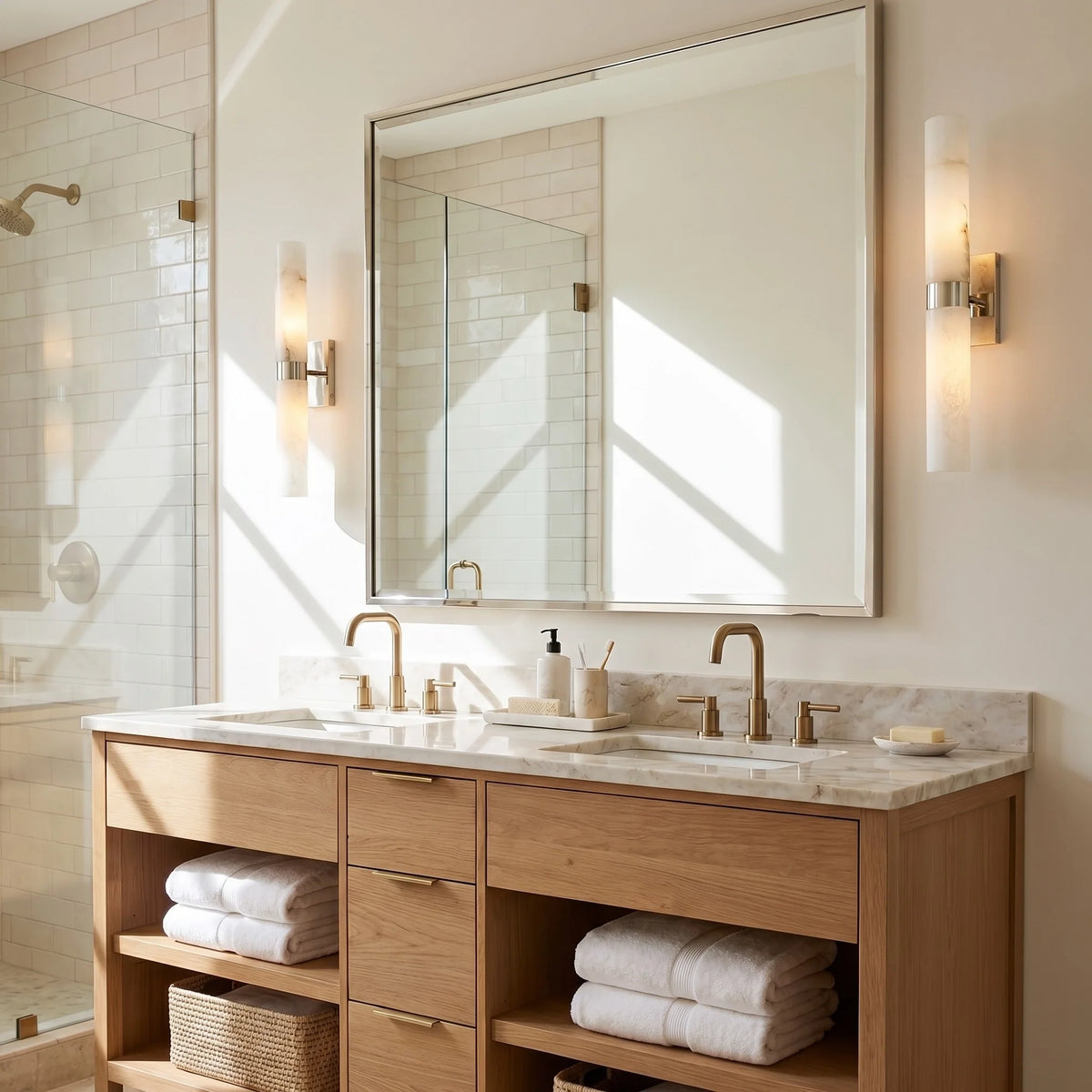 Aplique de pared de doble tubo Melliza junto al espejo de un baño – imagen 17