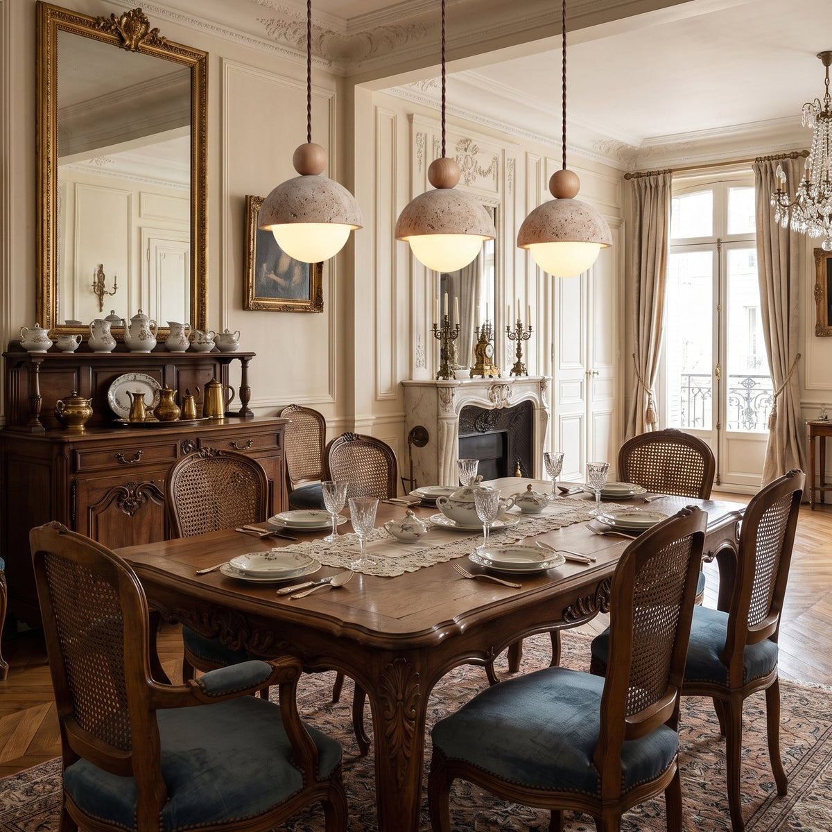 Lámpara colgante de travertino Roquela sobre una mesa de comedor – imagen 5