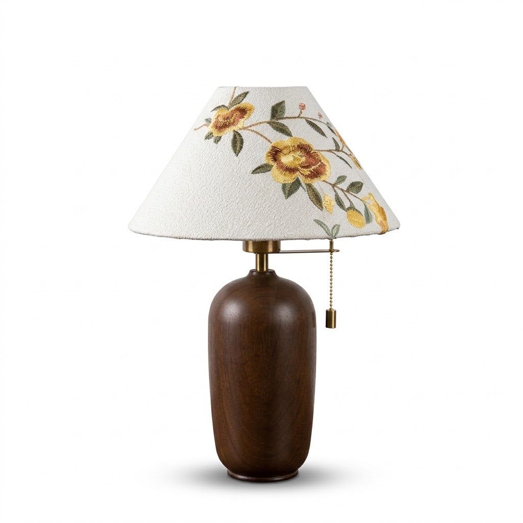 Lámpara de mesa con pantalla bordada Rosanda – base de cilindro
