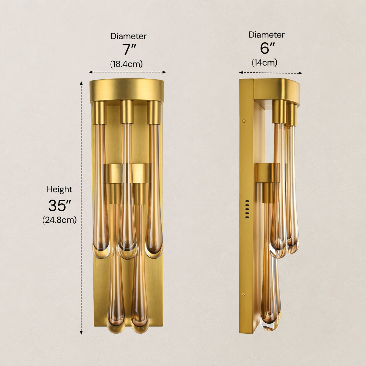 Aplique de pared Yambera con lágrimas de cristal ámbar – esquema de medidas