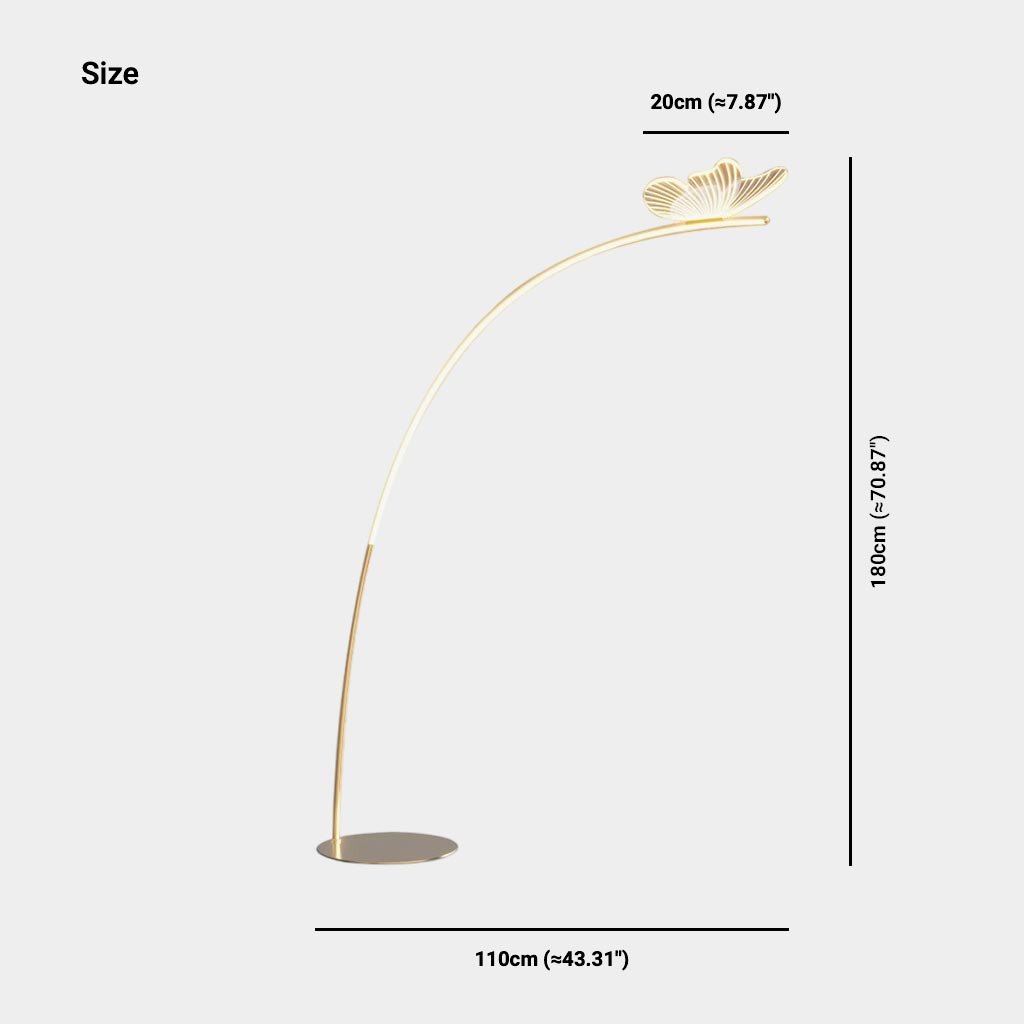 Lámpara de pie de arco con mariposa Sualeta – esquema con medidas de 110 por 180 cm
