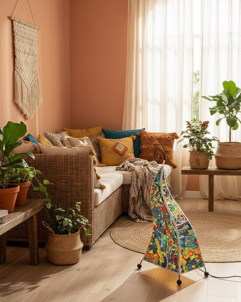 Lámpara de pie de tela estampada Volutra en un salón bohemio – imagen 2